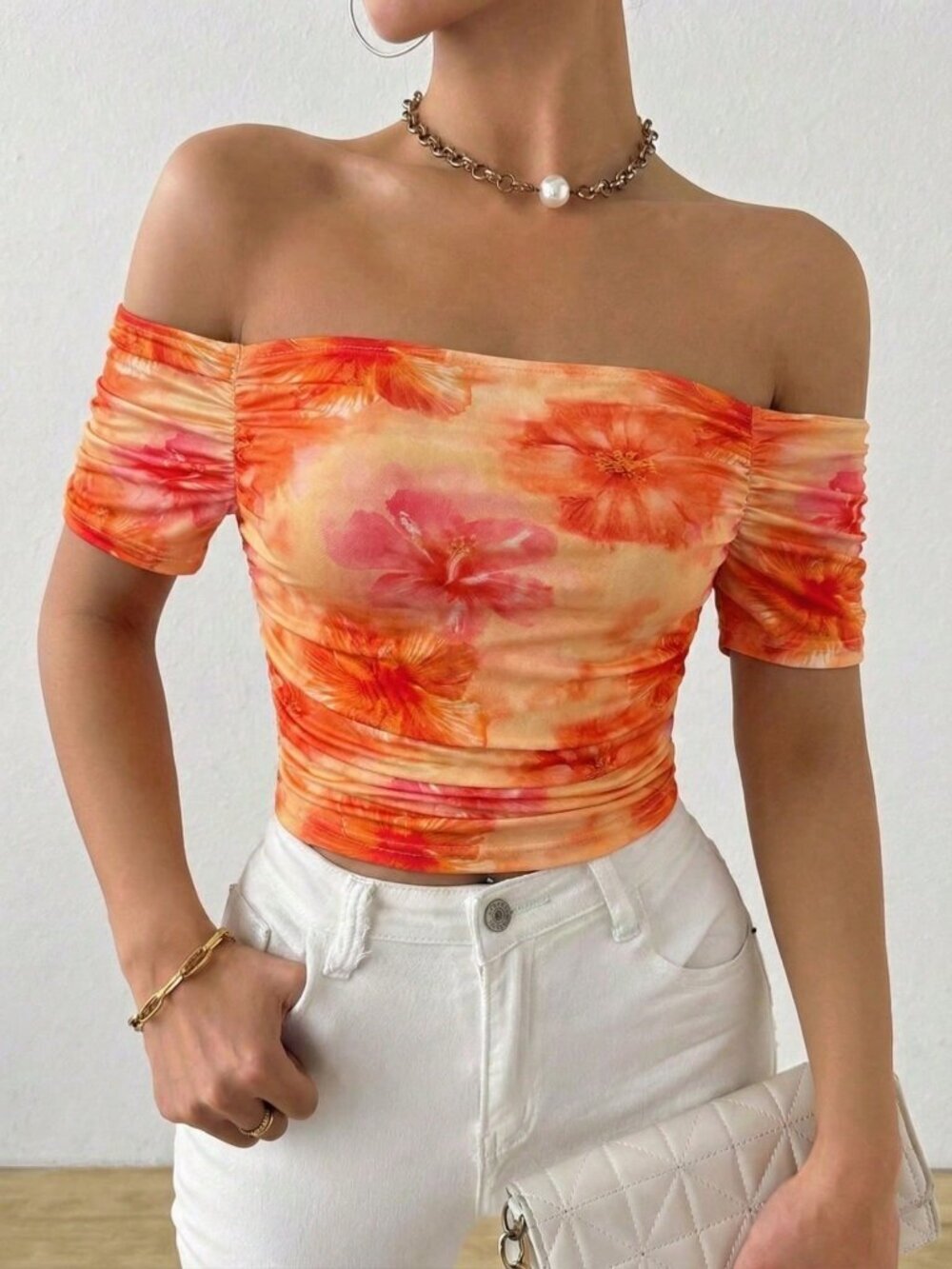 Orange Casual Women's Off-Shoulder Ruched Floral Print Beach T-Shirt